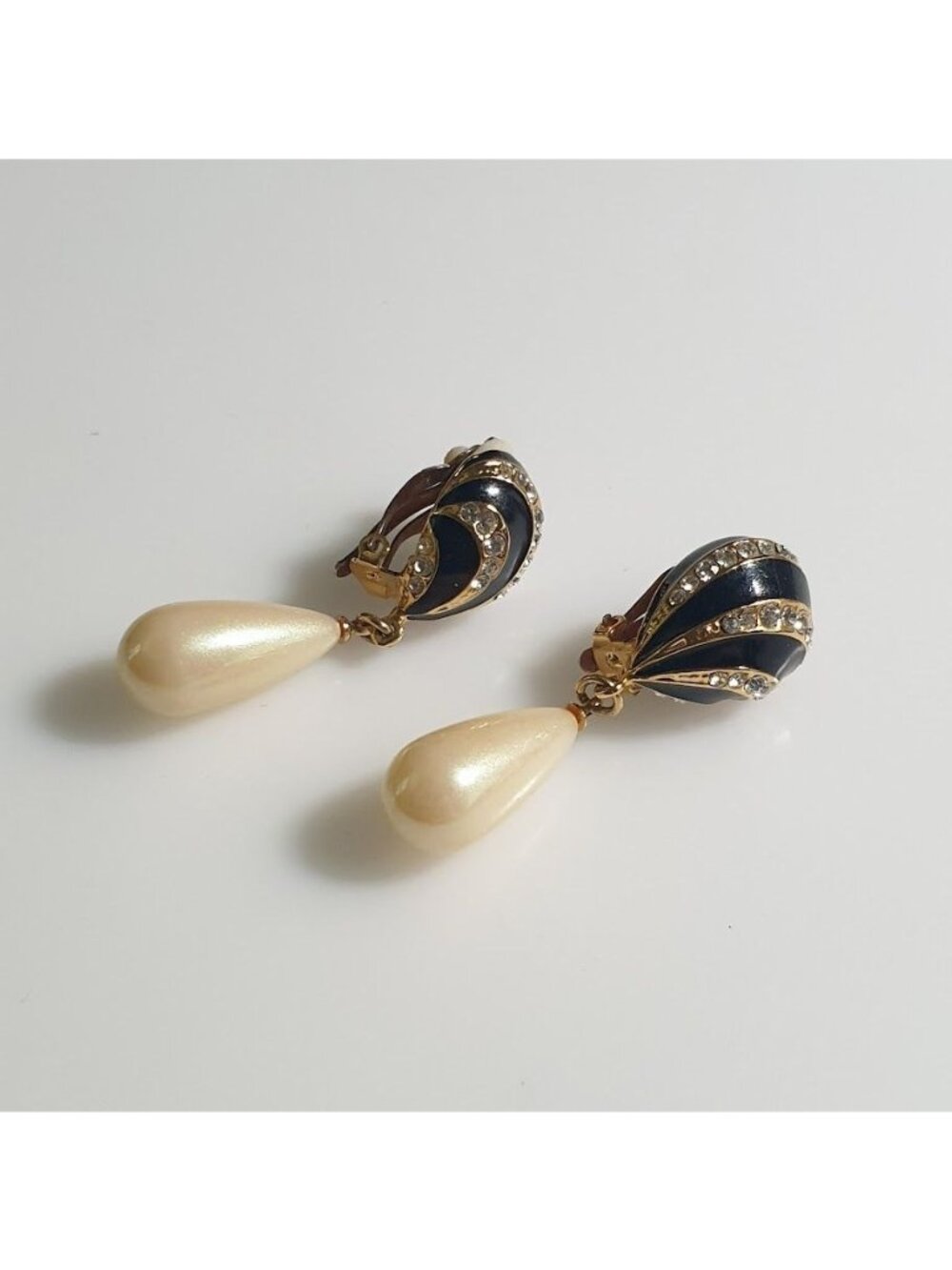 Vintage Clip On Earrings Black Enamel Gold Tone Crystal Accents Teardrop Bling